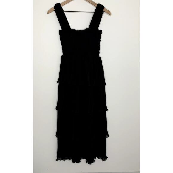 GANNI Pleated Georgette Flounce Smock Midi Dress Black Womens Size 32 New - Picture 3 of 16
